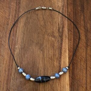 Y2K Blue & Black Glass Bead Cord Necklace Minimalist 16–18"